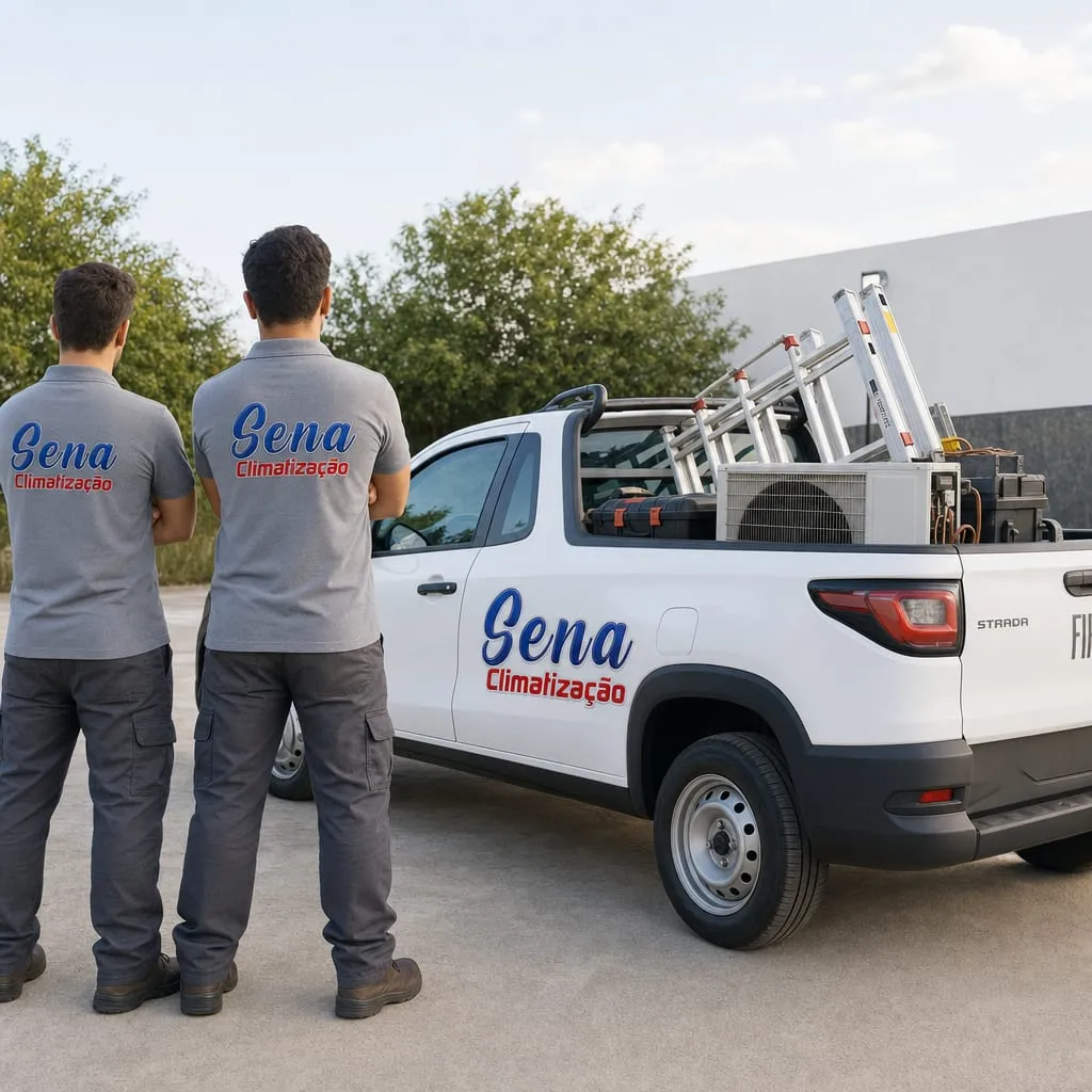 Equipe da Sena Climatização com veículo de atendimento e equipamentos, pronta para atender Maringá e Sarandi