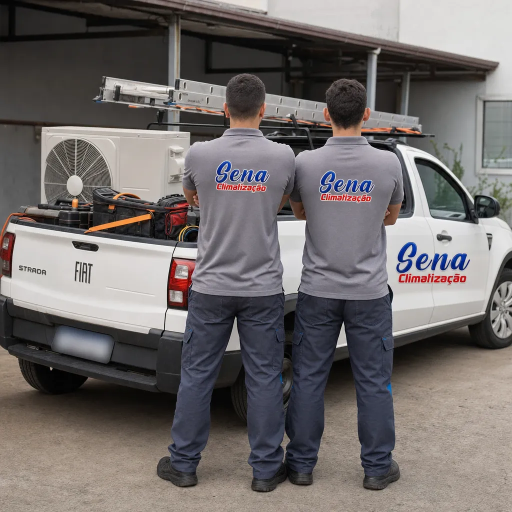 Equipe da Sena Climatização com veículo de atendimento e equipamentos, pronta para atender Maringá e Sarandi