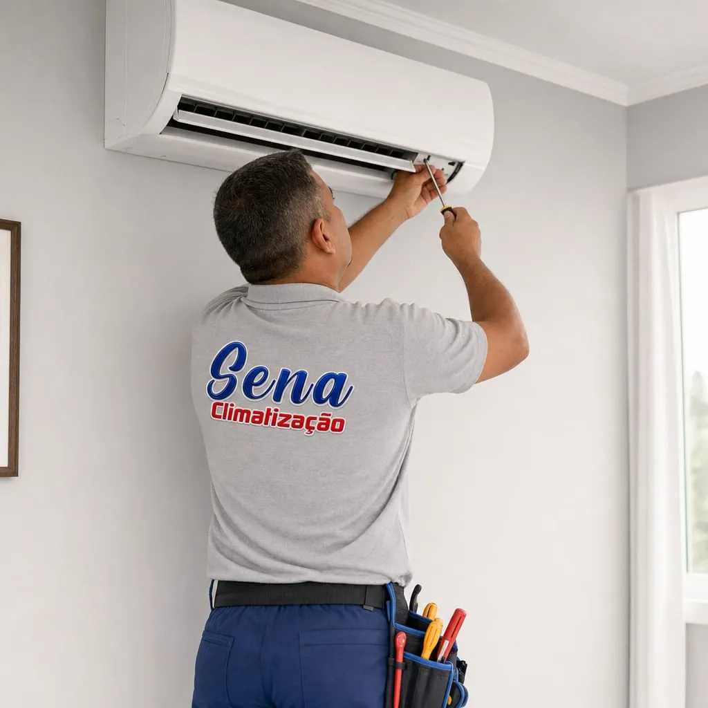 Técnico da Sena Climatização instalando ar-condicionado split em residência em Maringá